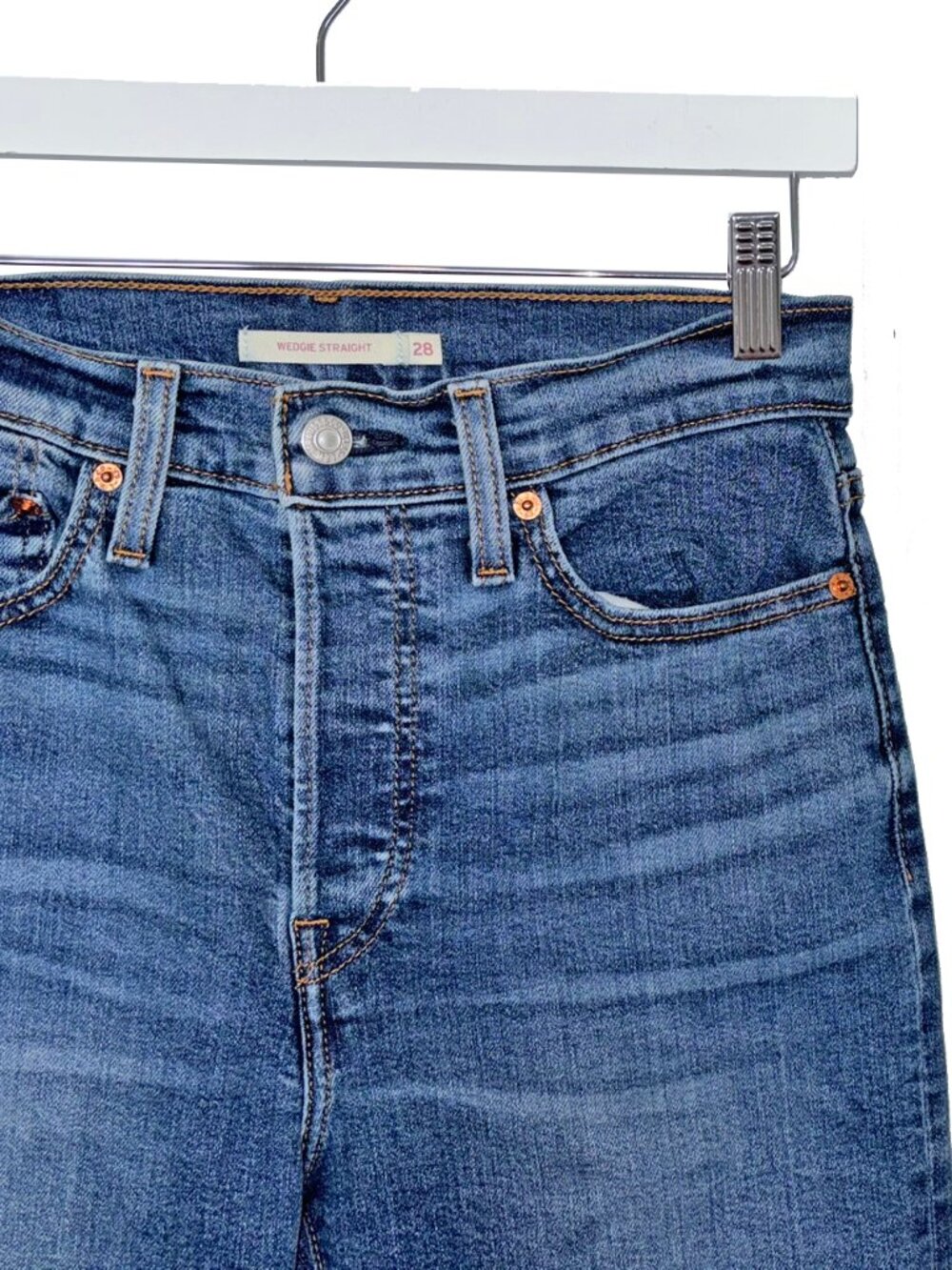 Levi's Blue Denim Wedgie Straight Jeans with Raw Hems - Size 28